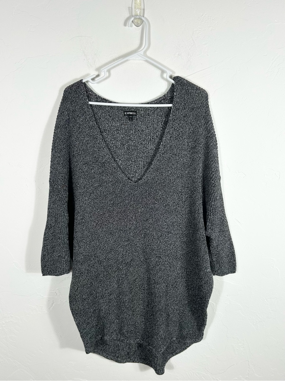 Express Gray Marl Marled Deep V-Neck Dolman Sleeve Tunic Sweater Large